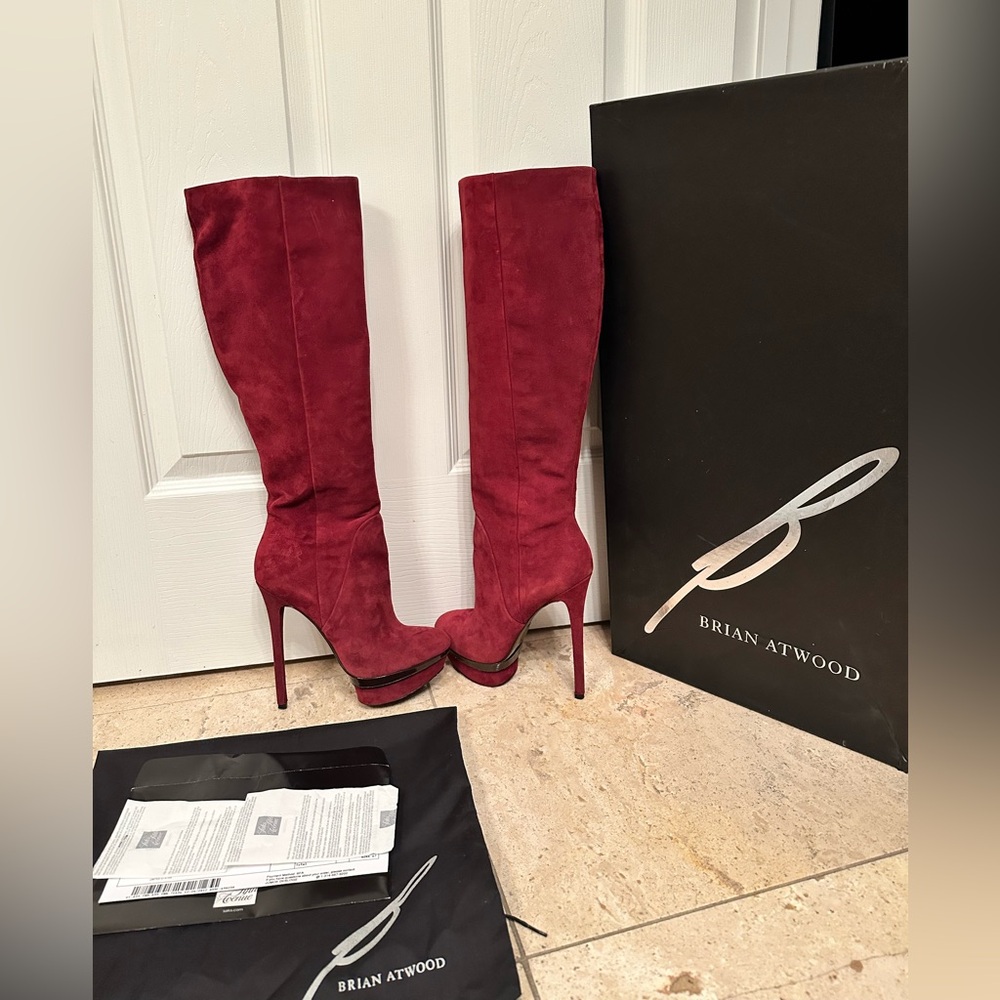 Brian Atwood tall suede wine boots Faviera 7 burgundy red box bag Saks Fifth ave